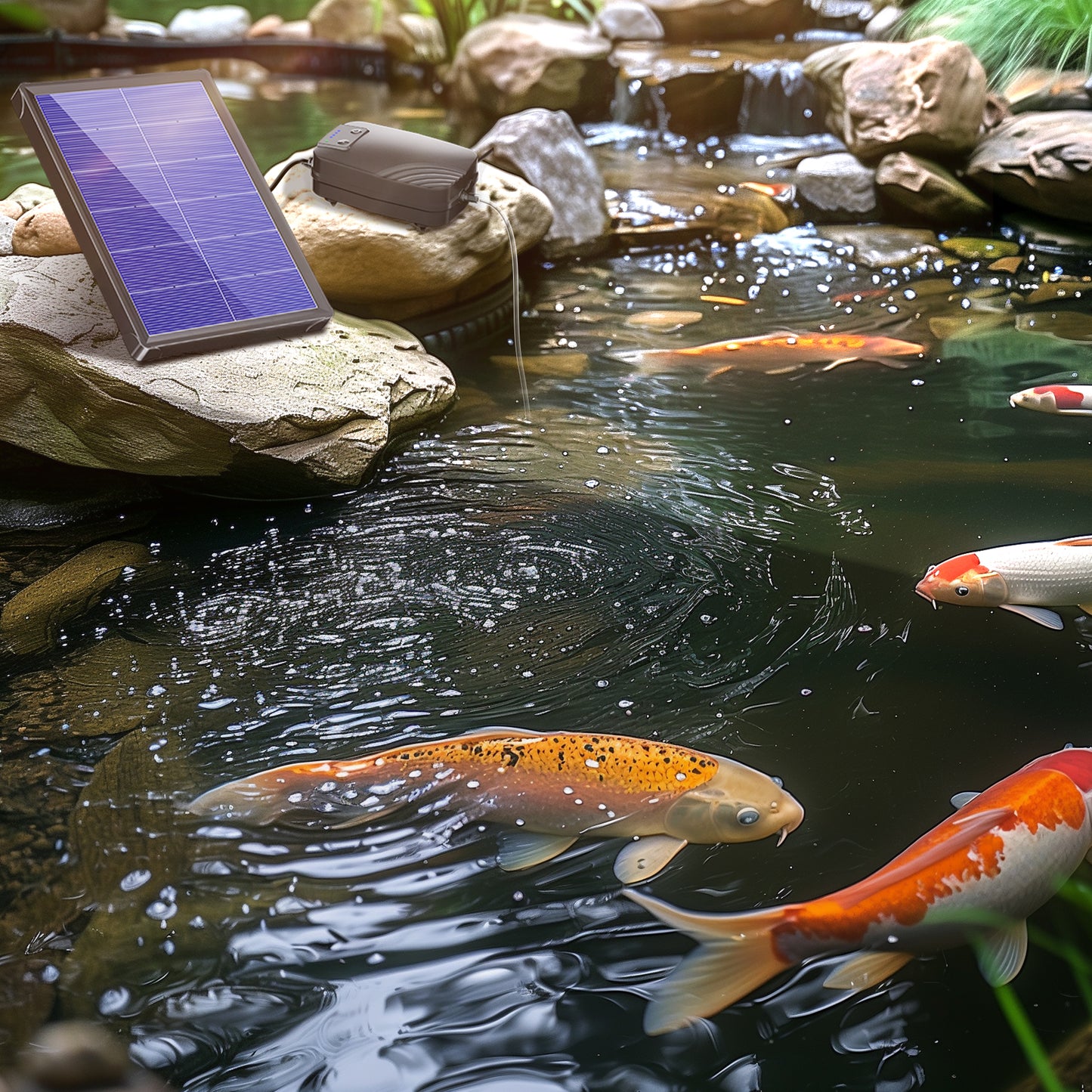Solar Pond Aerator with Battery Backup - Complete Kit / Air Hose & Stones, 3 Modes for Fish Ponds, Stock Tanks, Aquariums & Outdoor Water Features