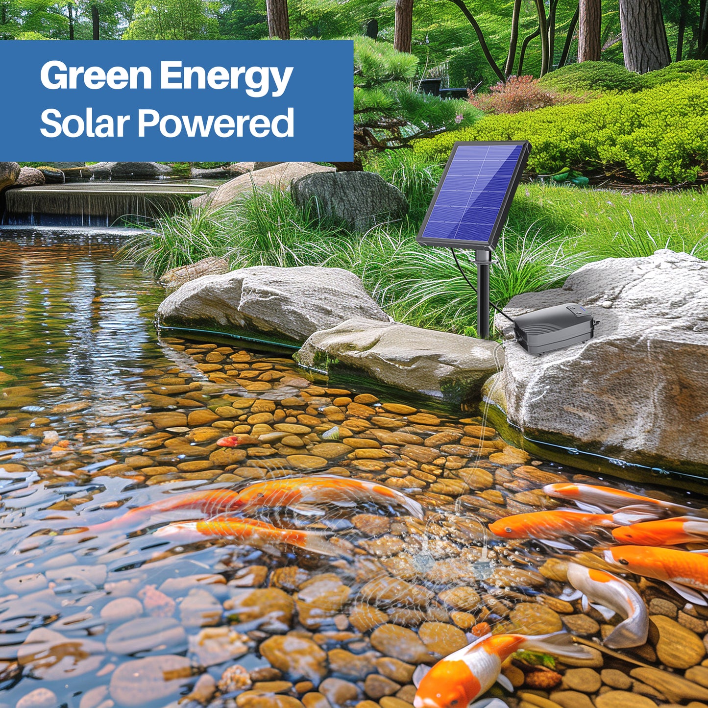 Solar Pond Aerator with Battery Backup - Complete Kit / Air Hose & Stones, 3 Modes for Fish Ponds, Stock Tanks, Aquariums & Outdoor Water Features