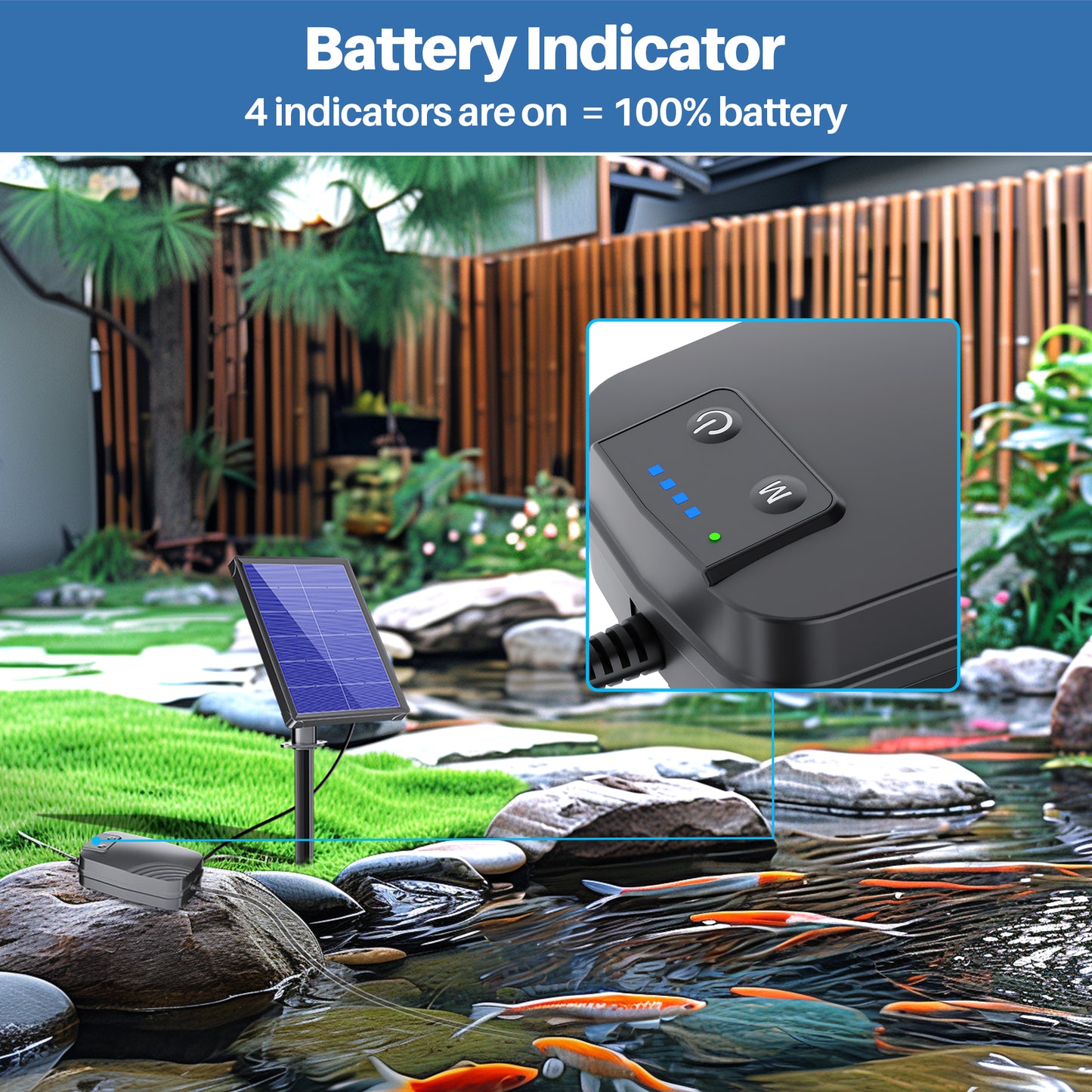Solar Pond Aerator with Battery Backup - Complete Kit / Air Hose & Stones, 3 Modes for Fish Ponds, Stock Tanks, Aquariums & Outdoor Water Features