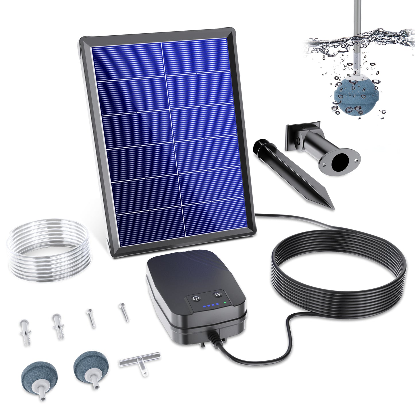 Solar Pond Aerator with Battery Backup - Complete Kit / Air Hose & Stones, 3 Modes for Fish Ponds, Stock Tanks, Aquariums & Outdoor Water Features