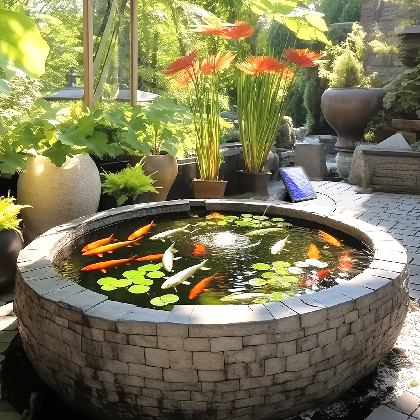 Solar Pond Aerator with Battery Backup - Complete Kit / Air Hose & Stones, 3 Modes for Fish Ponds, Stock Tanks, Aquariums & Outdoor Water Features